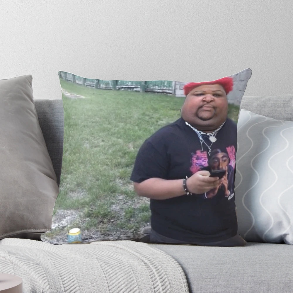 Oversized pillow with an image of the internet personality Mario Judah depicted as fatter than normal