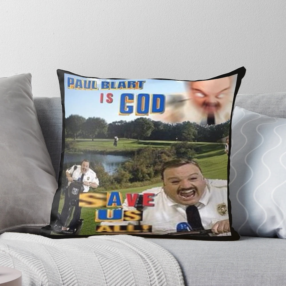Plush "Paul Blart is God" pillow with a lighthearted, comedic design