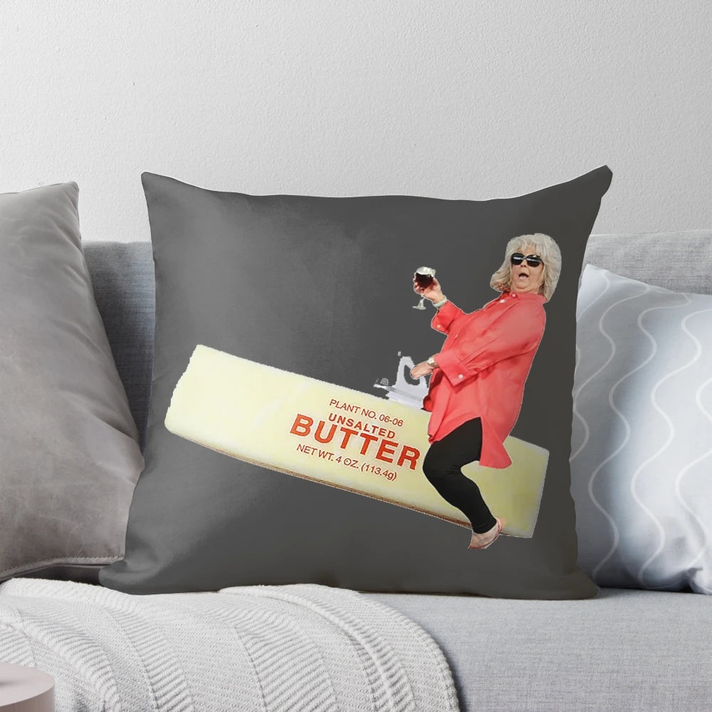 Funny decorative pillow featuring a humorous depiction of Paula Deen