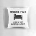 Graphic of a pillow with a physics joke referencing Newton's First Law