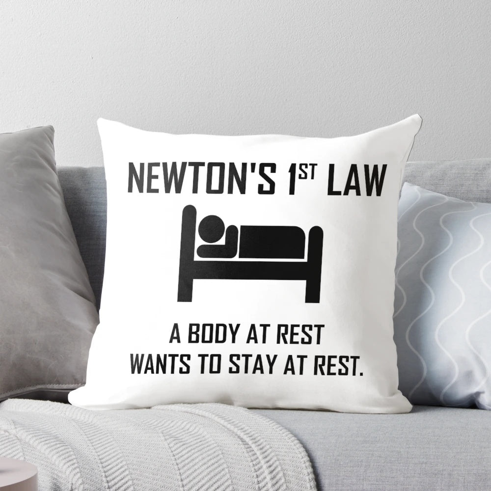 Graphic of a pillow with a physics joke referencing Newton's First Law
