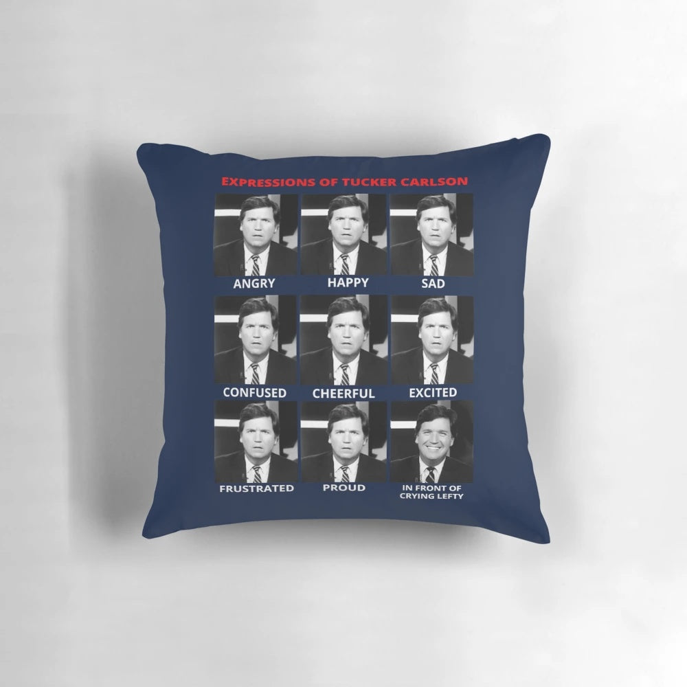 Pillow featuring caricatures of Tucker Carlson's facial expressions