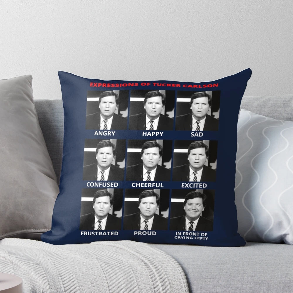 Pillow featuring caricatures of Tucker Carlson's facial expressions