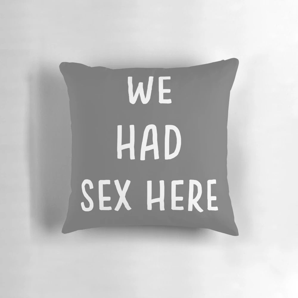 A grey and white minimal pillow with the text "We Had Sex Here" in a modern font.