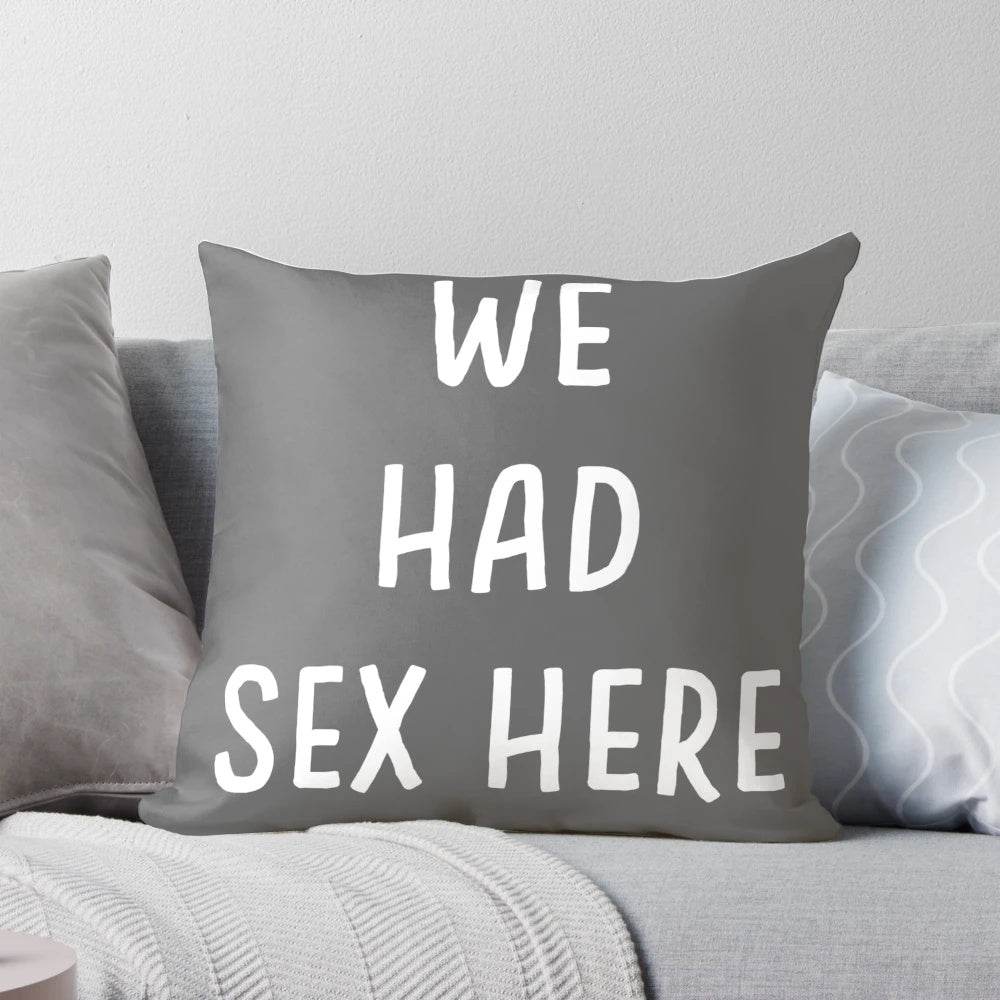 A grey and white minimal pillow with the text "We Had Sex Here" in a modern font.