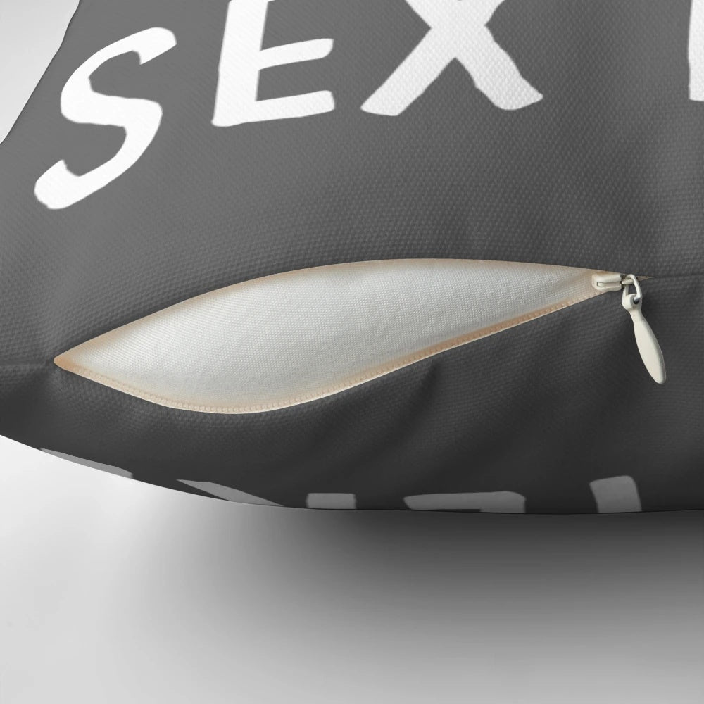 A grey and white minimal pillow with the text "We Had Sex Here" in a modern font.
