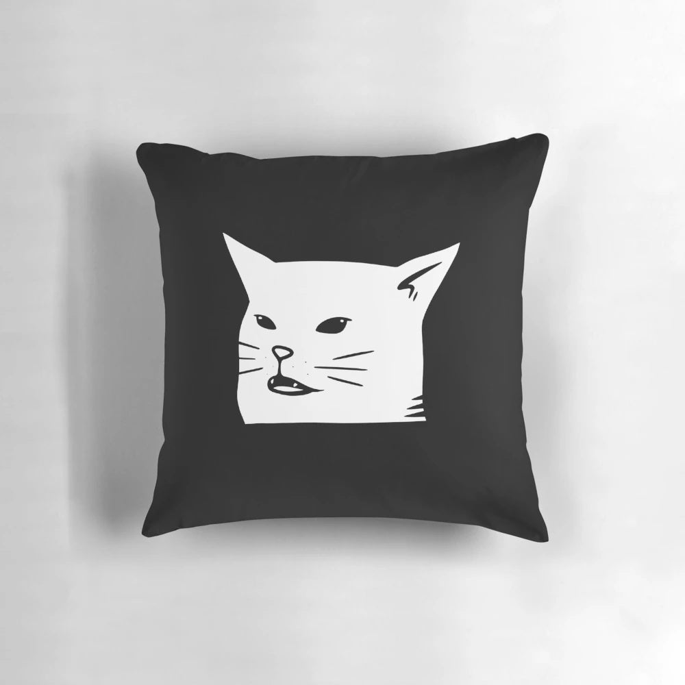 Illustrated pillow featuring the popular "Woman Yelling at Cat" meme, a funny and viral internet sensation.