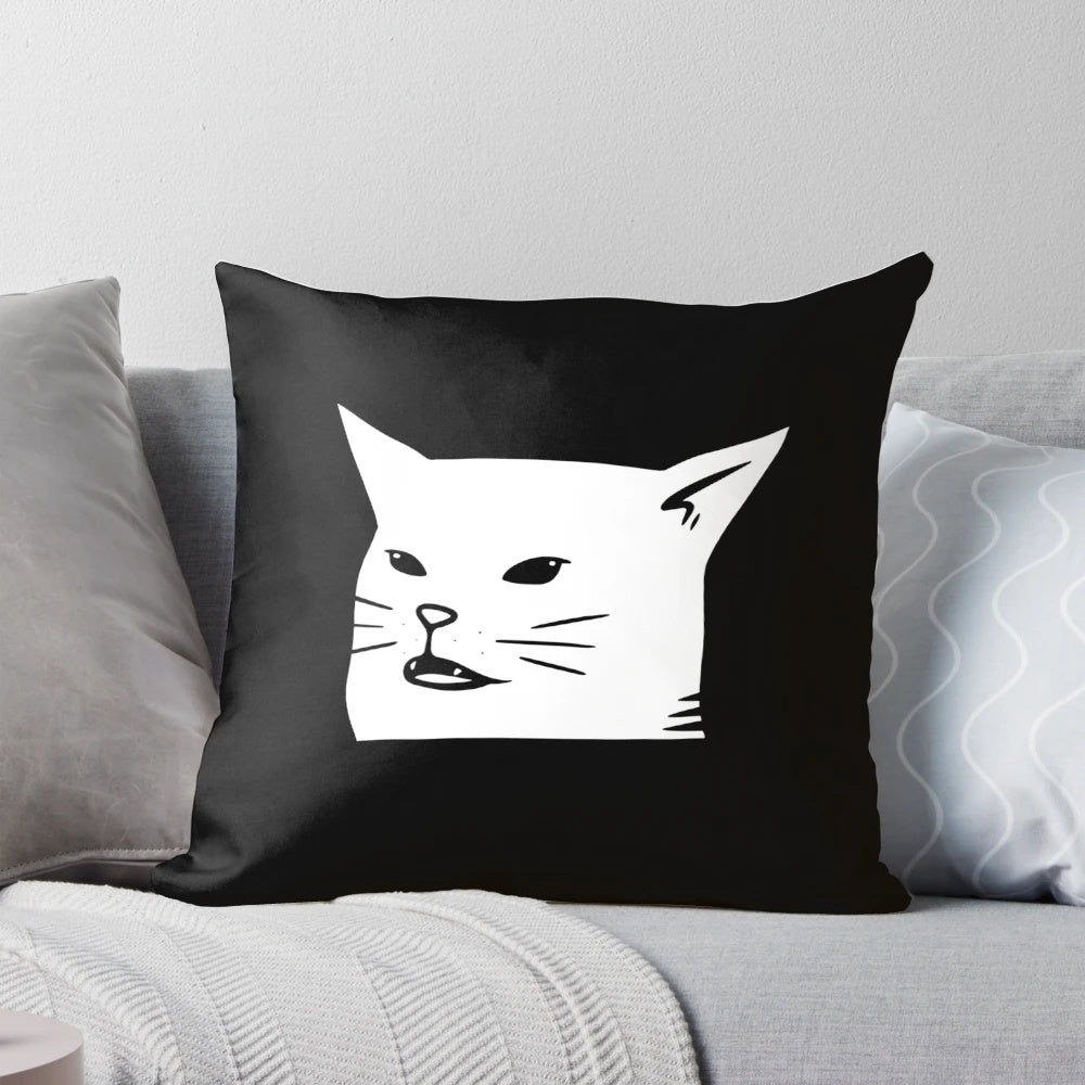 Illustrated pillow featuring the popular "Woman Yelling at Cat" meme, a funny and viral internet sensation.