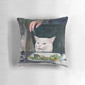 Throw pillow featuring a watercolor illustration of the "Woman Yelling at Cat" meme