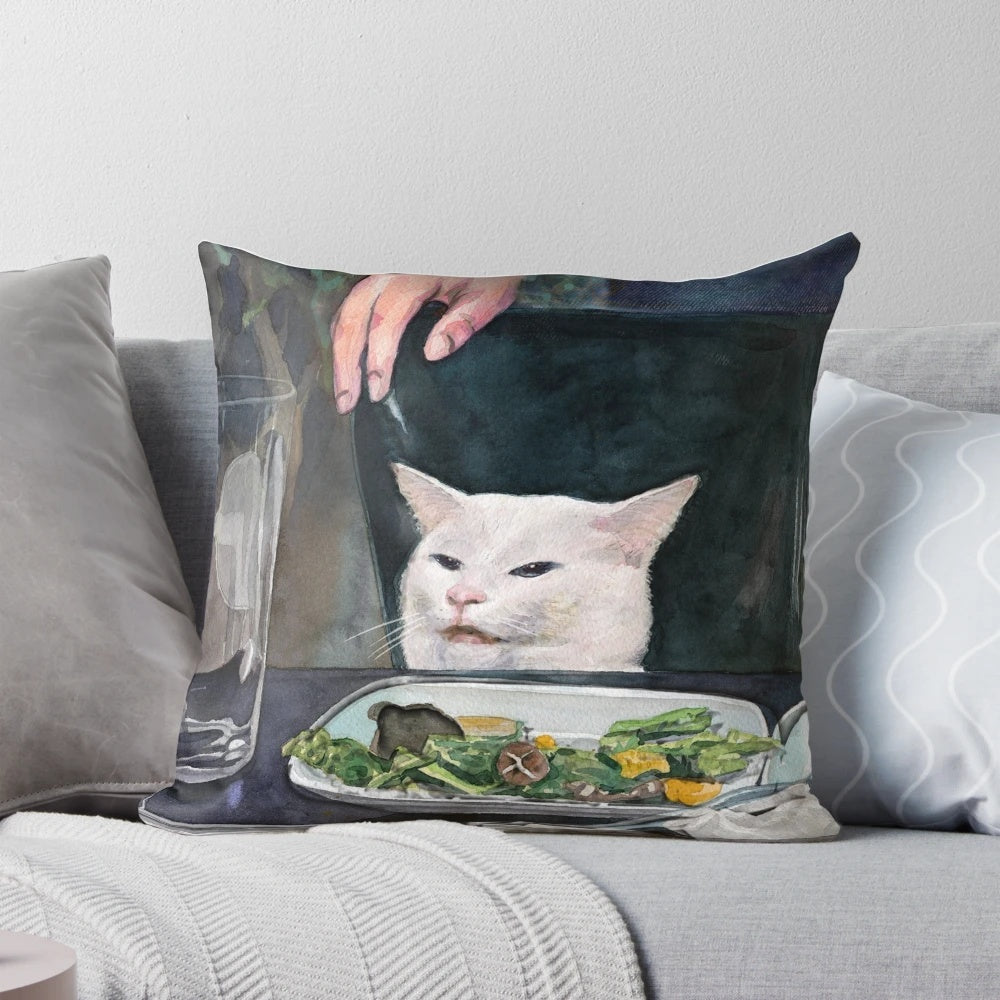 Throw pillow featuring a watercolor illustration of the "Woman Yelling at Cat" meme