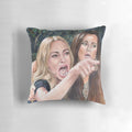 Colorful watercolor-style illustration of the "Woman Yelling at Cat" meme printed on a decorative throw pillow.