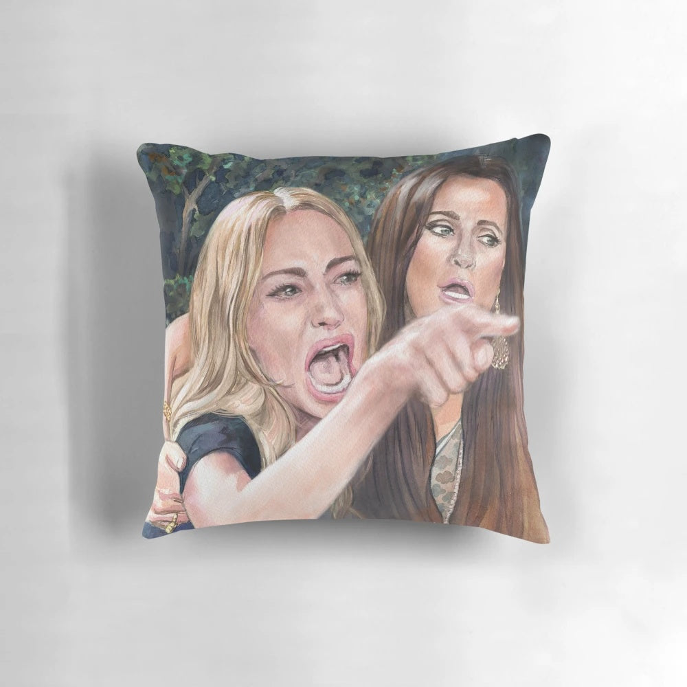 Colorful watercolor-style illustration of the "Woman Yelling at Cat" meme printed on a decorative throw pillow.