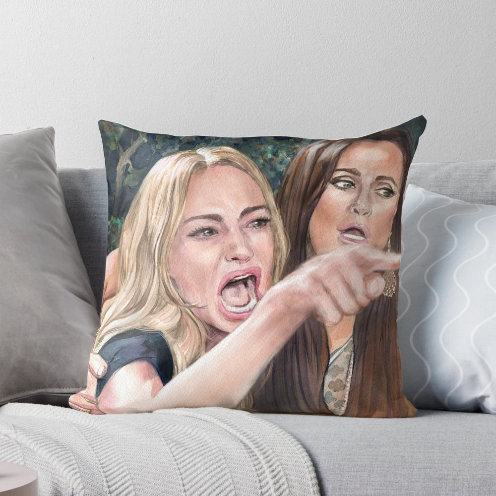 Colorful watercolor-style illustration of the "Woman Yelling at Cat" meme printed on a decorative throw pillow.