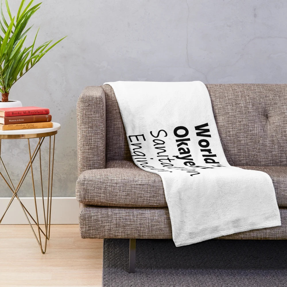 Plush blanket with 'World's Okayest Sanitation Engineer' design