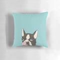 A black and white Boston Terrier dog with an open mouth, appearing hungry, printed on a decorative throw pillow.