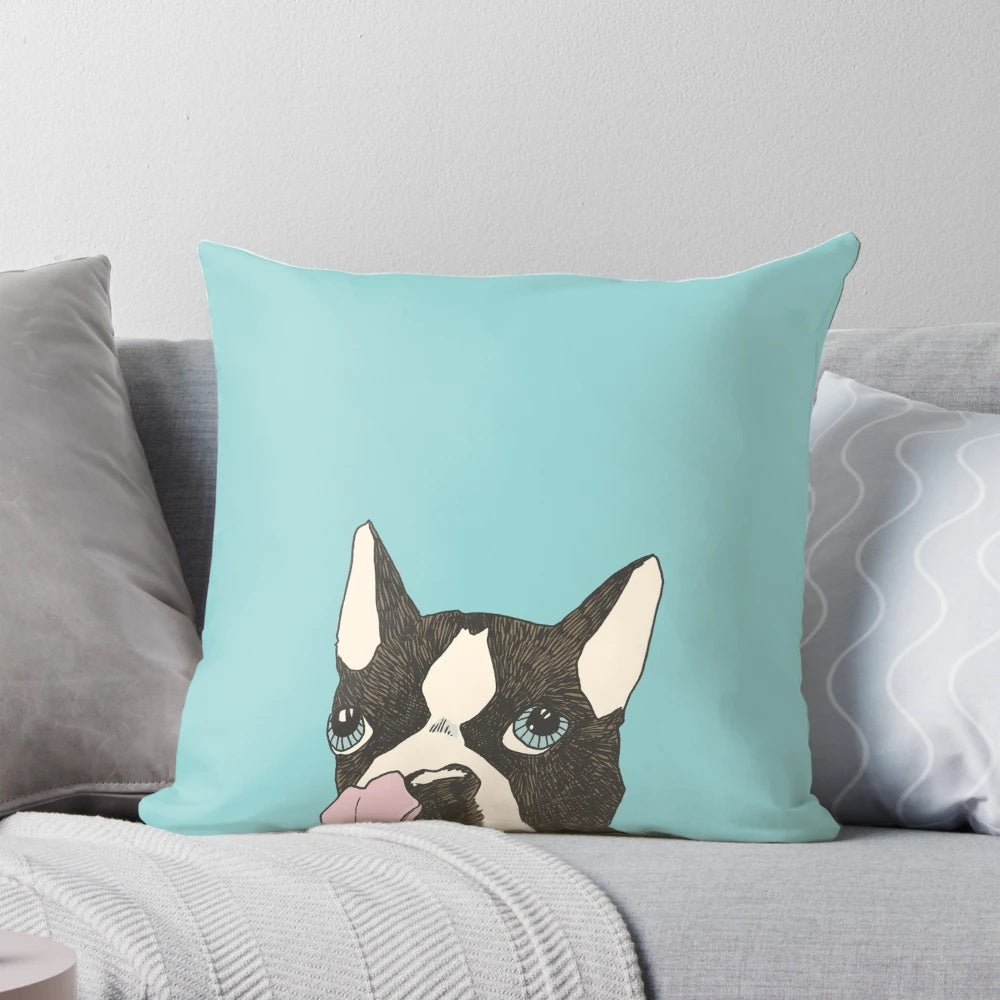 A black and white Boston Terrier dog with an open mouth, appearing hungry, printed on a decorative throw pillow.
