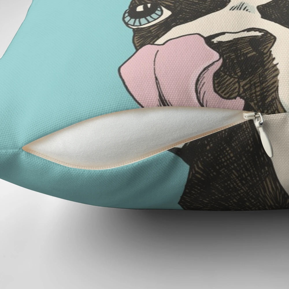 A black and white Boston Terrier dog with an open mouth, appearing hungry, printed on a decorative throw pillow.