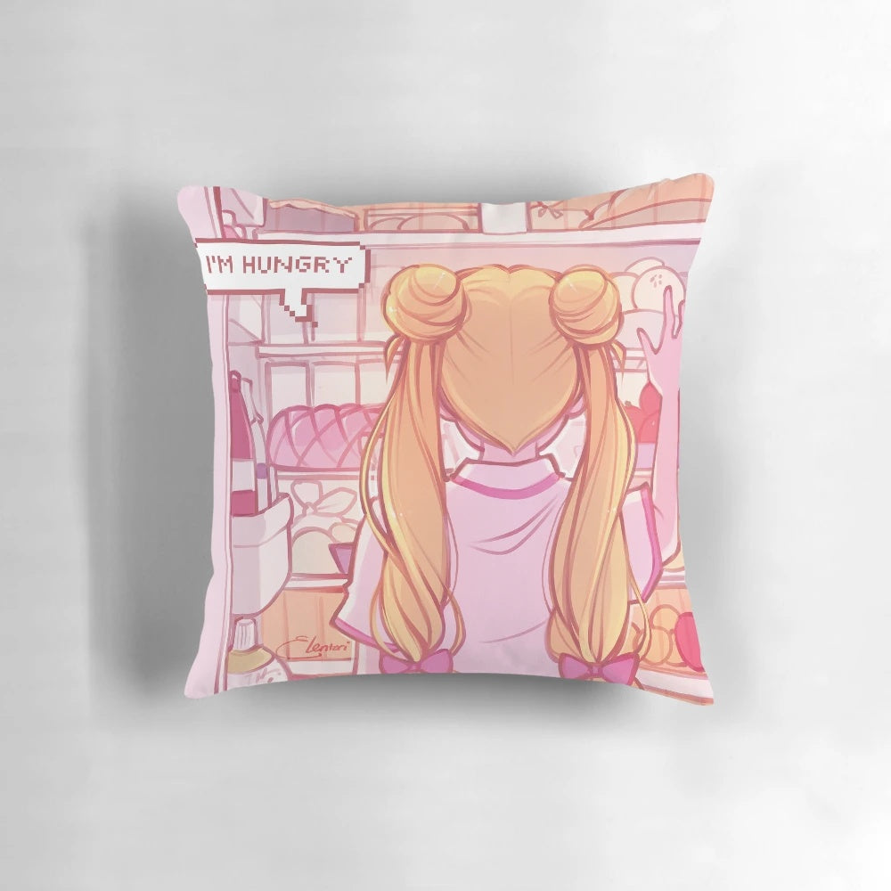 Soft and cuddly anime-inspired "I'm Hungry" pillow featuring Sailor Moon-style design