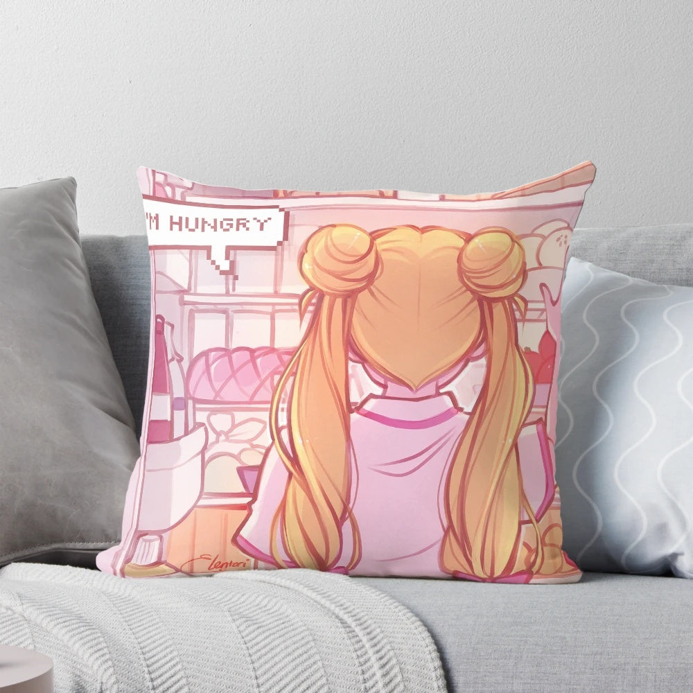 Soft and cuddly anime-inspired "I'm Hungry" pillow featuring Sailor Moon-style design