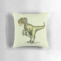 A green raptor dinosaur aggressively eating a slice of pizza on a cozy throw pillow.