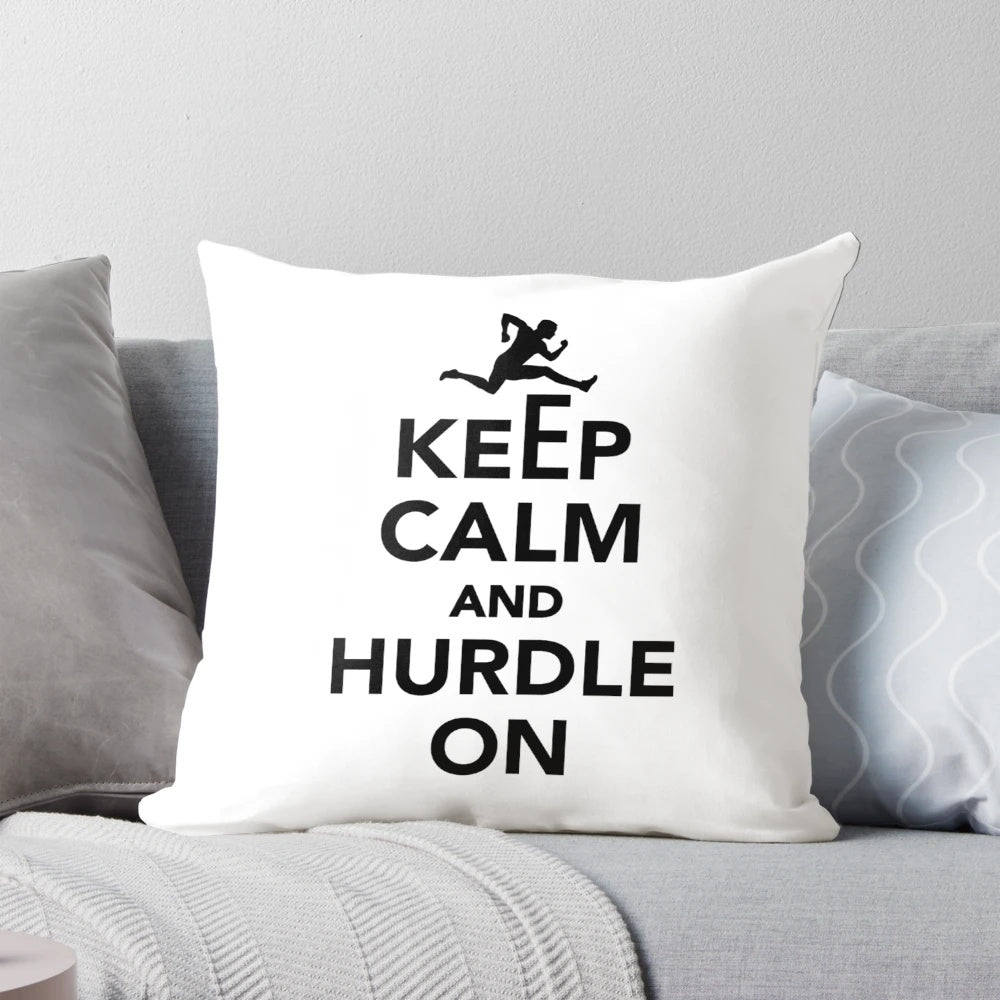 Keep Calm and Hurdle On" decorative pillow for track and field athletes and hurdlers