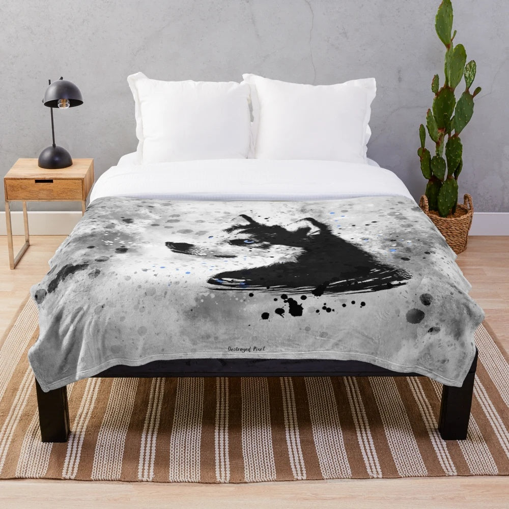Husky portrait plush blanket with distressed pixel and watercolor splashes