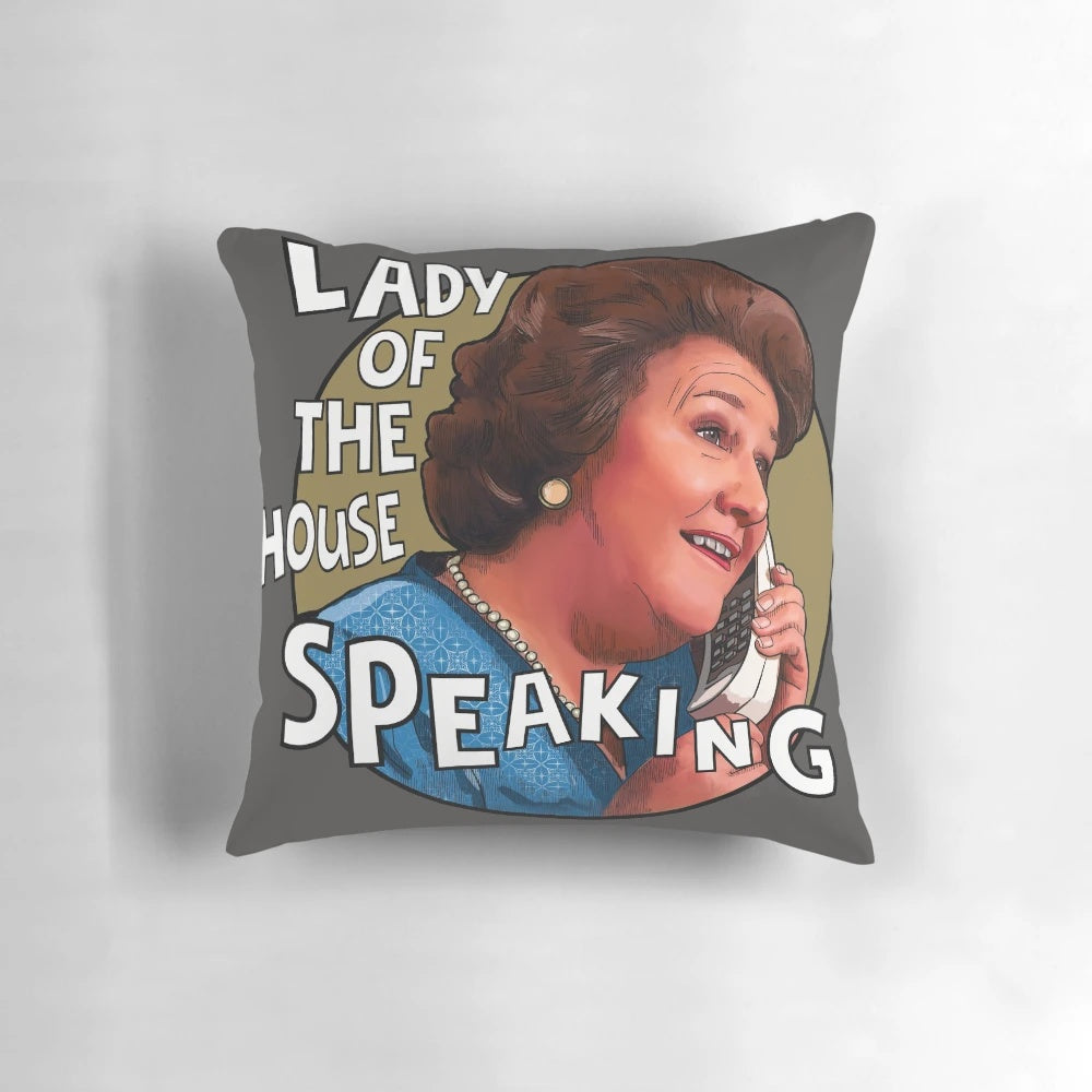 "Hyacinth Bucket Keeping Up Appearances themed throw pillow with floral design"