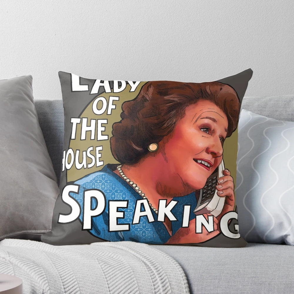 "Hyacinth Bucket Keeping Up Appearances themed throw pillow with floral design"