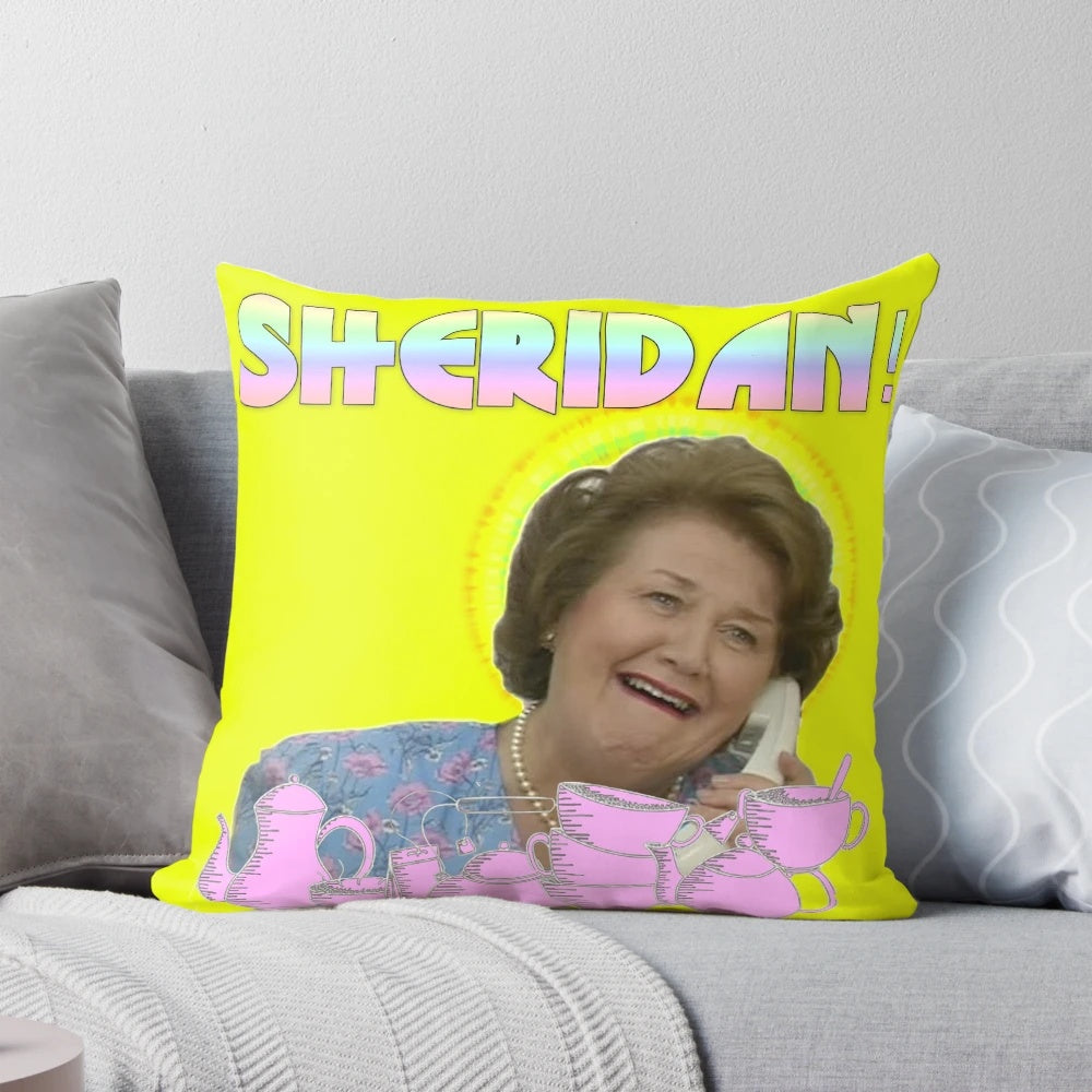Throw pillow featuring a humorous design inspired by the British television series "Keeping Up Appearances
