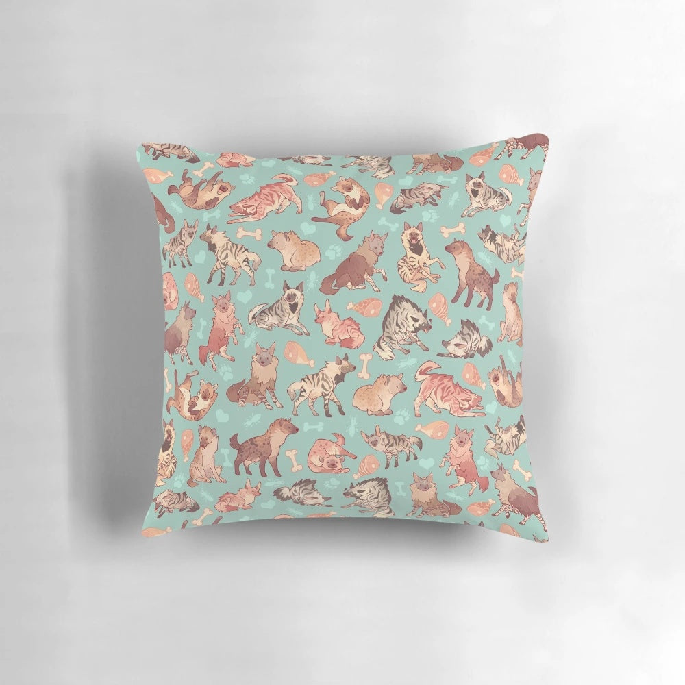 Colorful hyena pattern printed on a soft, plush pillow