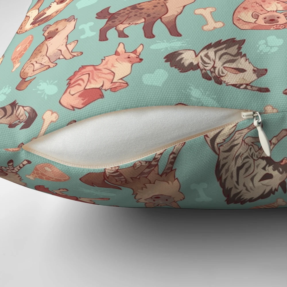 Colorful hyena pattern printed on a soft, plush pillow