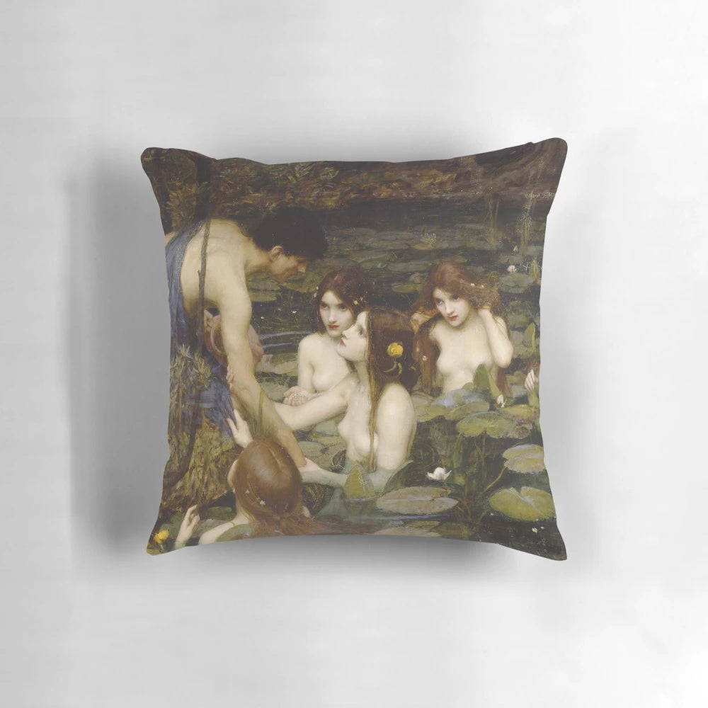Hylas and the Nymphs, a classical painting by John William Waterhouse, depicted on a high-quality pillow.