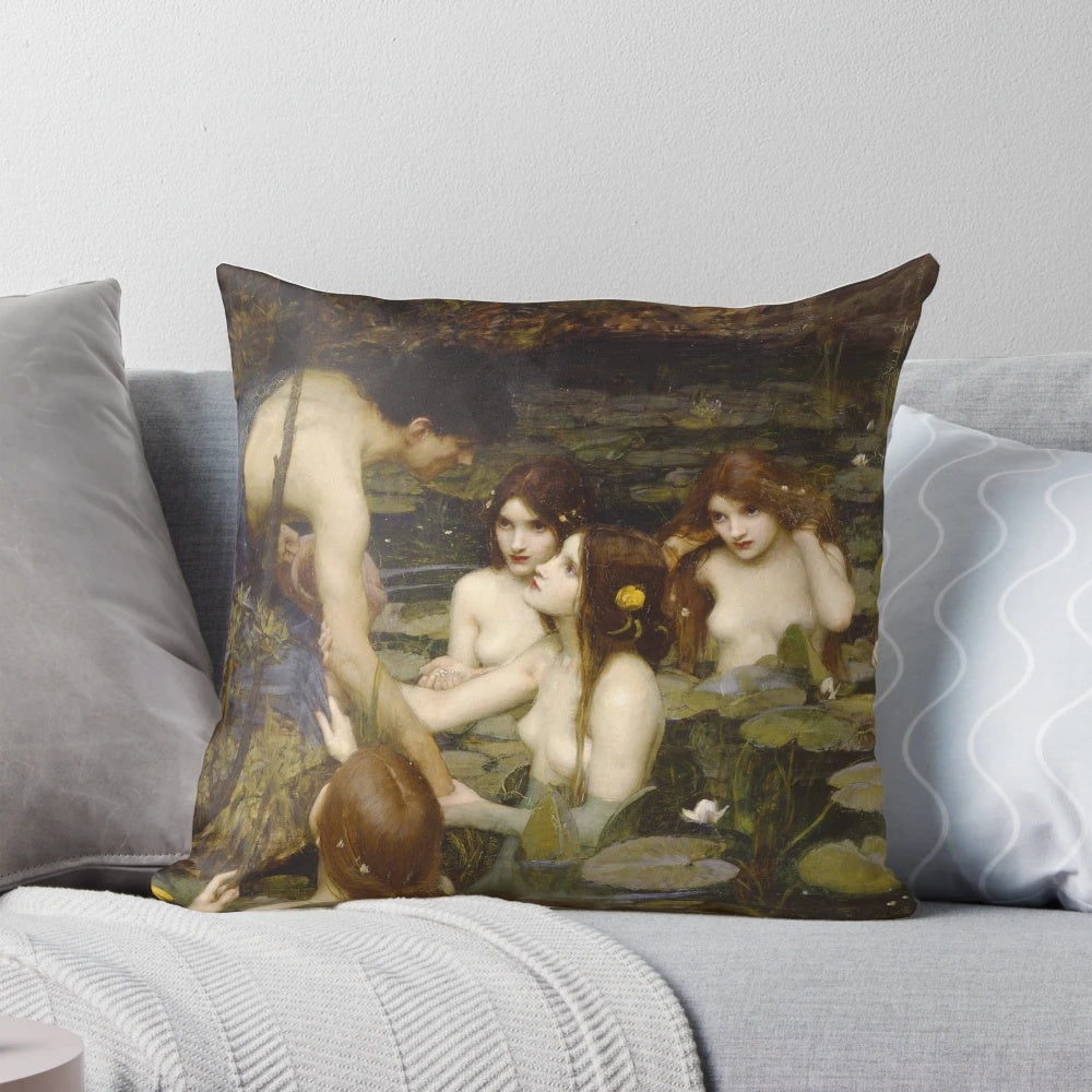 Hylas and the Nymphs, a classical painting by John William Waterhouse, depicted on a high-quality pillow.