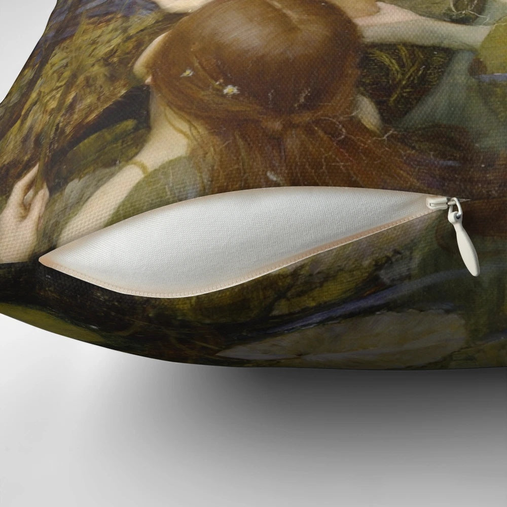 Hylas and the Nymphs, a classical painting by John William Waterhouse, depicted on a high-quality pillow.