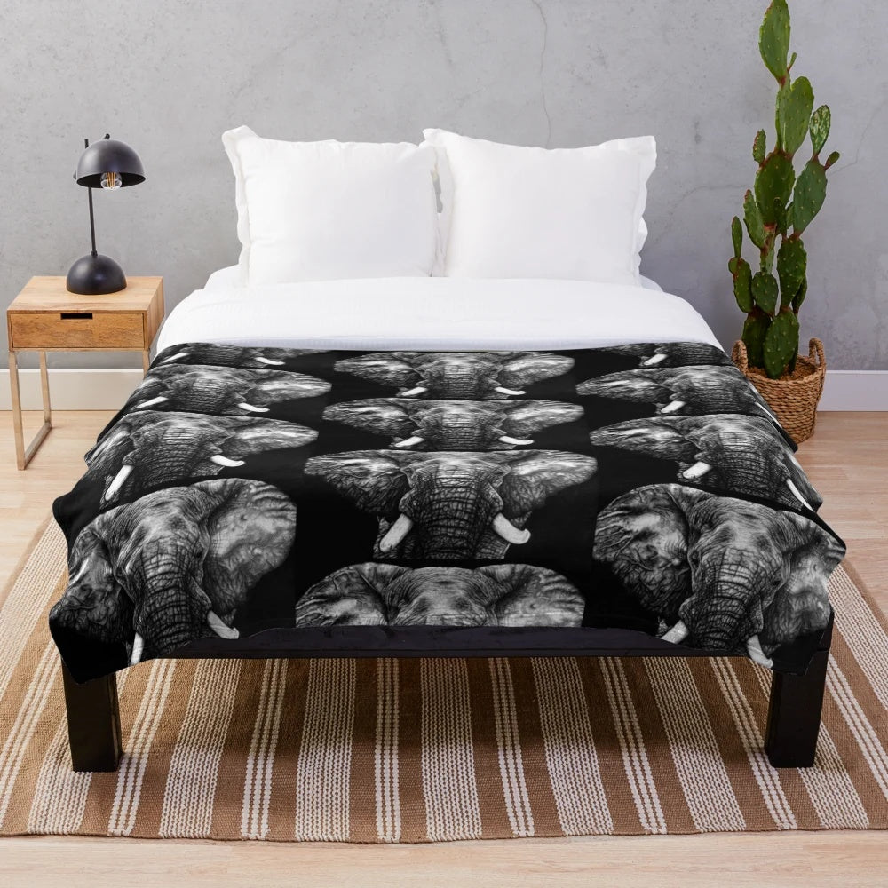 Hyper-realistic biro elephant portrait printed on a plush blanket