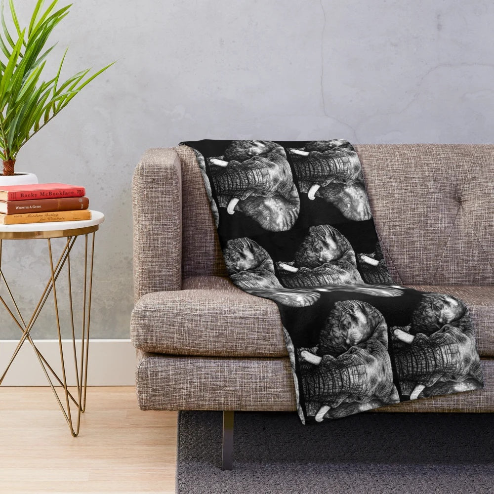 Hyper-realistic biro elephant portrait printed on a plush blanket