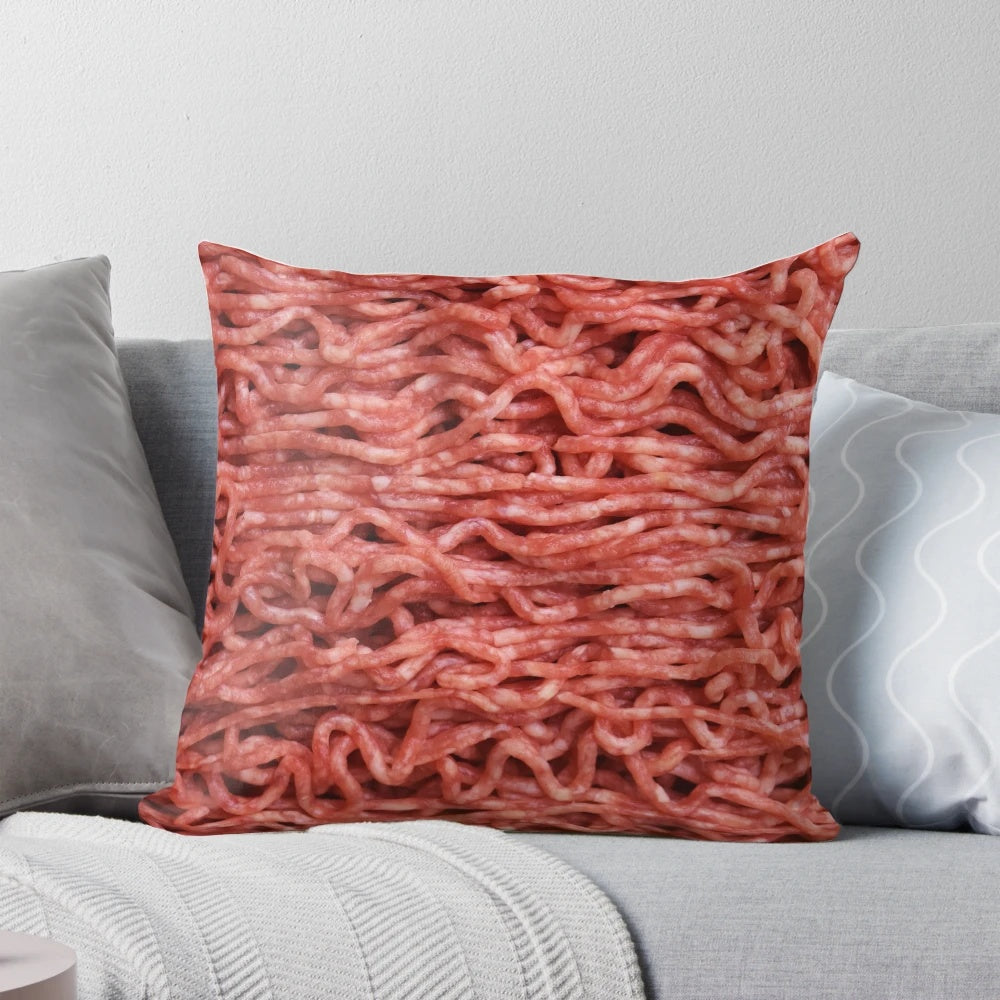 Closeup of a realistic-looking minced meat pattern pillow