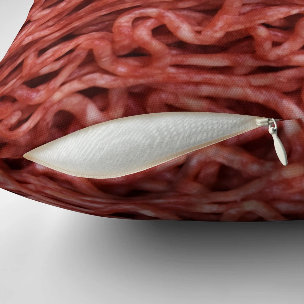 Closeup of a realistic-looking minced meat pattern pillow
