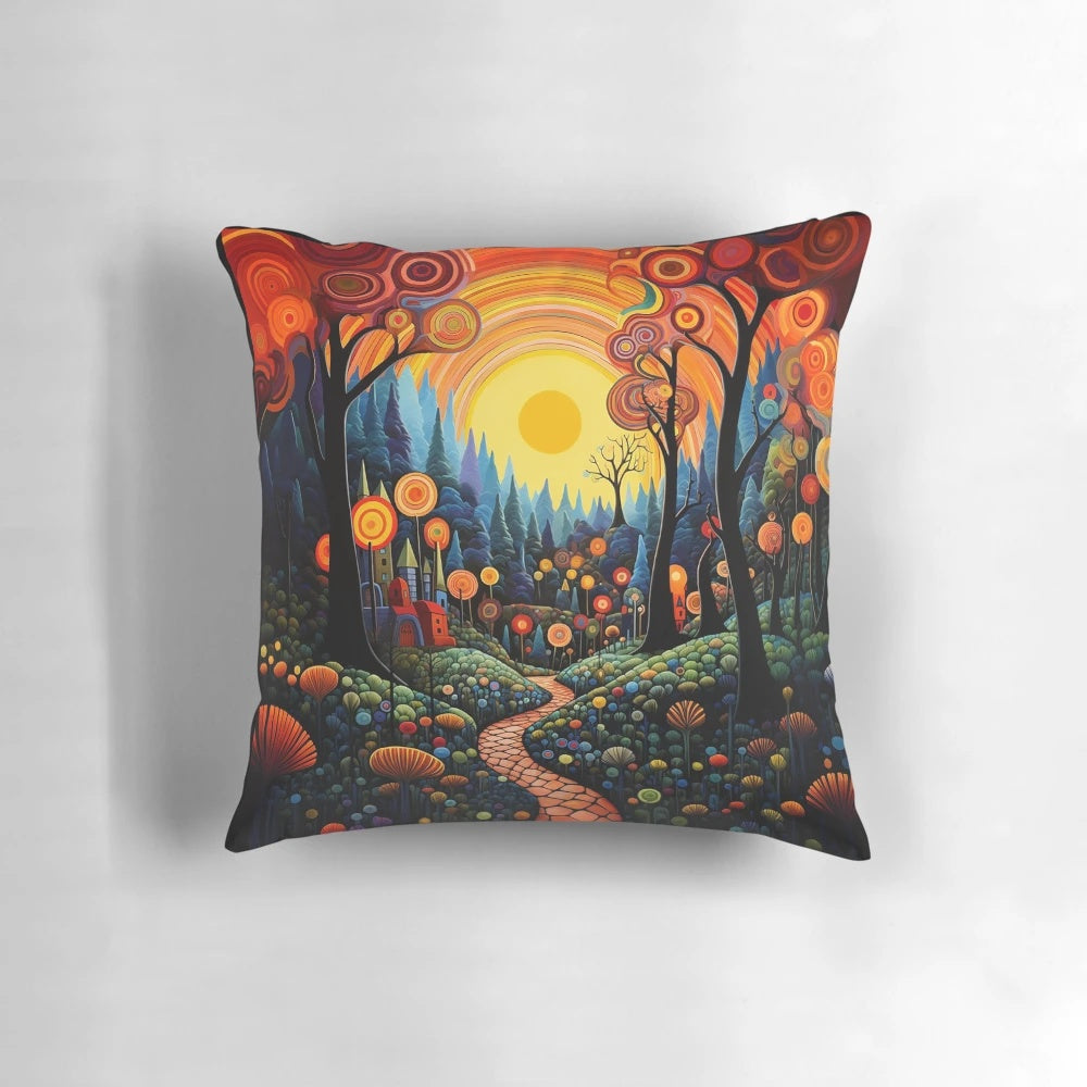 Autumn forest pillow featuring a hypnotic, psychedelic landscape with vibrant fall colors and an idyllic village scene.