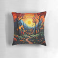 Autumn forest pillow featuring a hypnotic, psychedelic landscape with vibrant fall colors and an idyllic village scene.