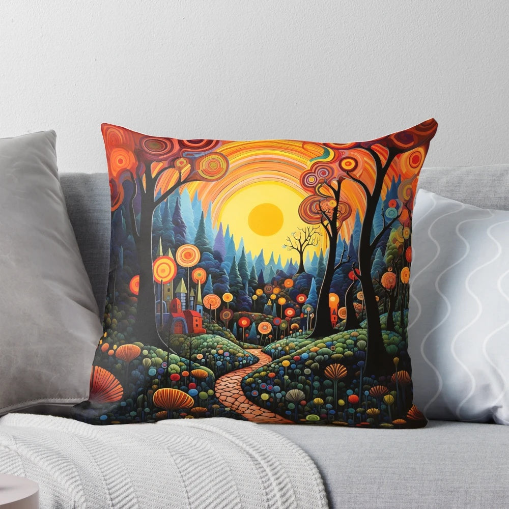 Autumn forest pillow featuring a hypnotic, psychedelic landscape with vibrant fall colors and an idyllic village scene.