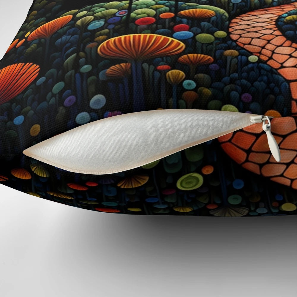 Autumn forest pillow featuring a hypnotic, psychedelic landscape with vibrant fall colors and an idyllic village scene.