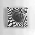 A black and white checkerboard optical illusion pillow, perfect for adding a touch of abstract art to your home.