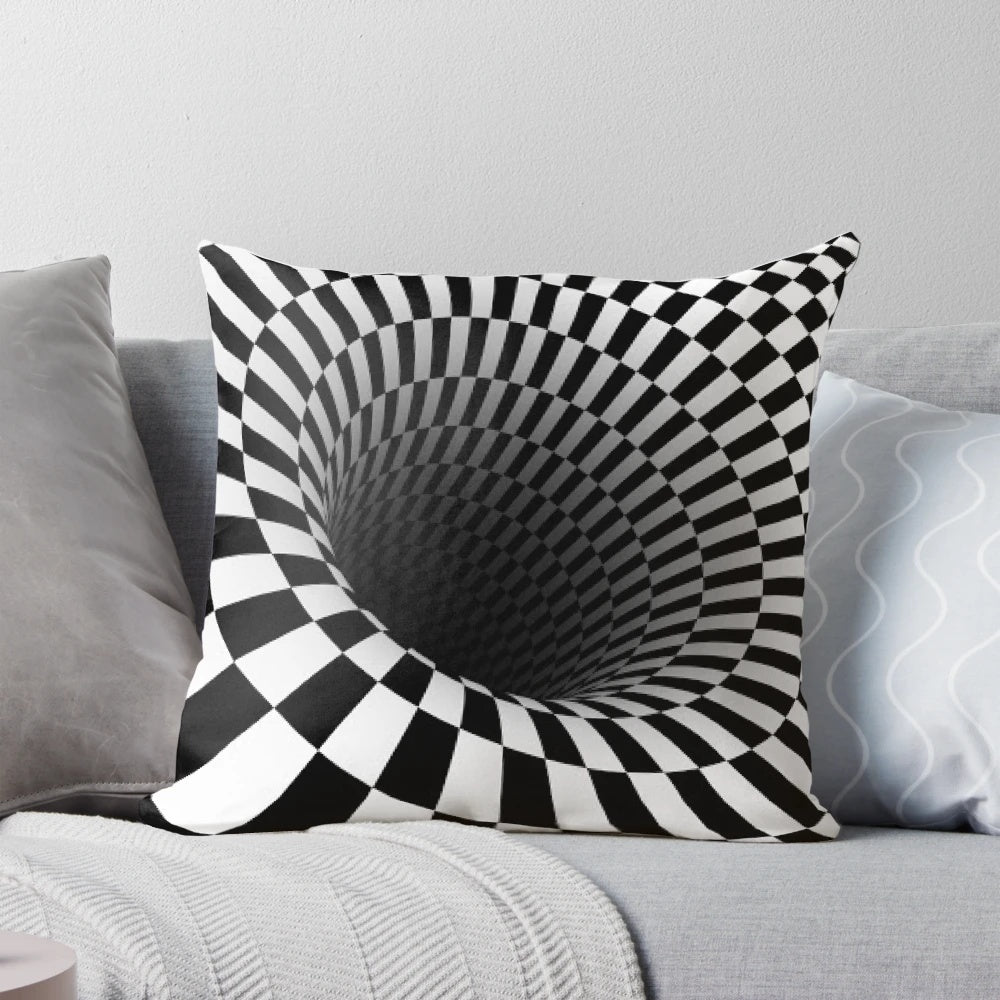 A black and white checkerboard optical illusion pillow, perfect for adding a touch of abstract art to your home.