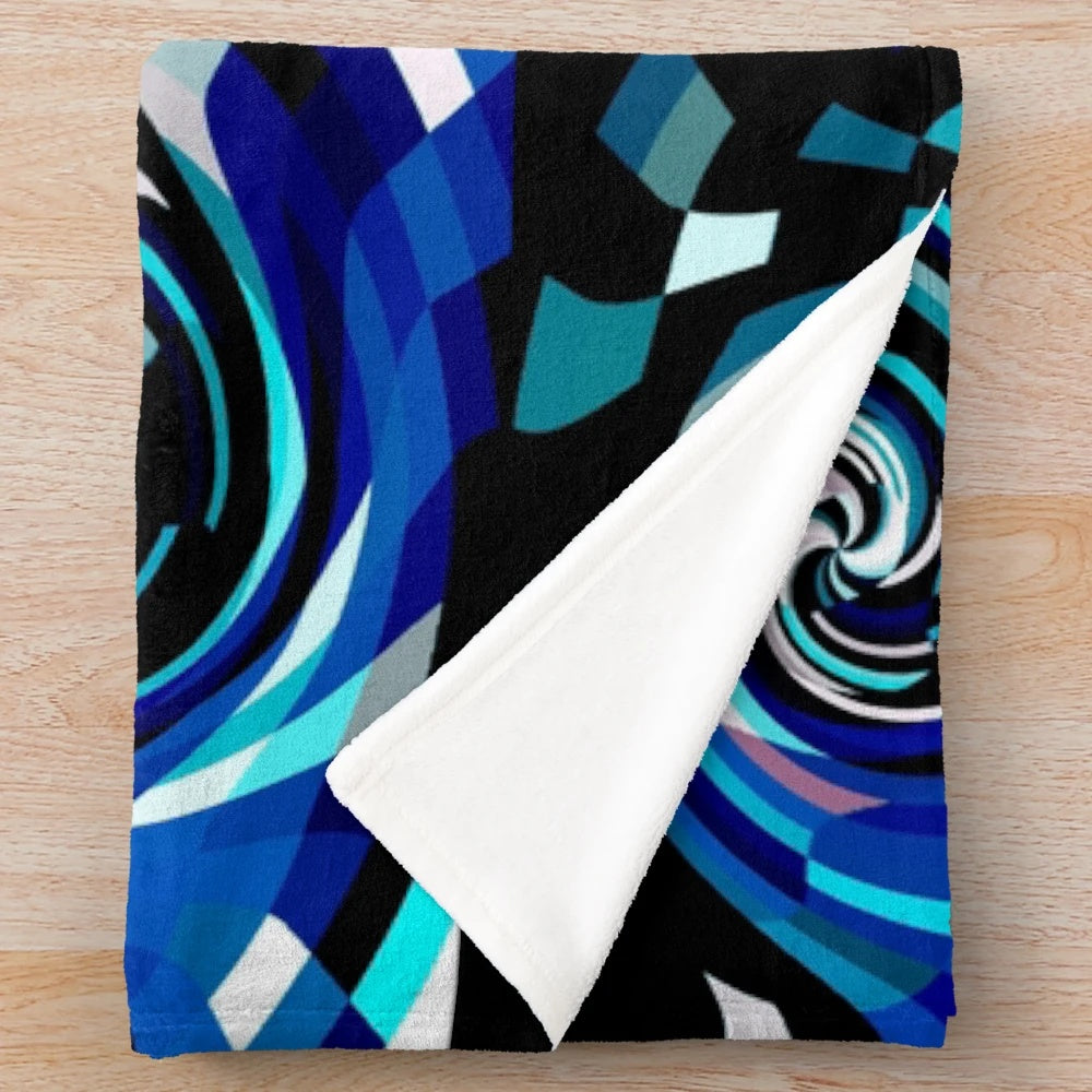 Hypnotic blue and white geometric patterned plush blanket