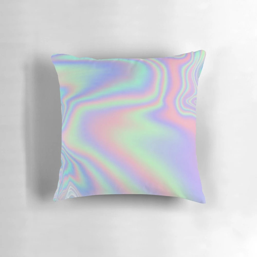 Holographic pattern pillow with vibrant rainbow waves and shimmering light effects