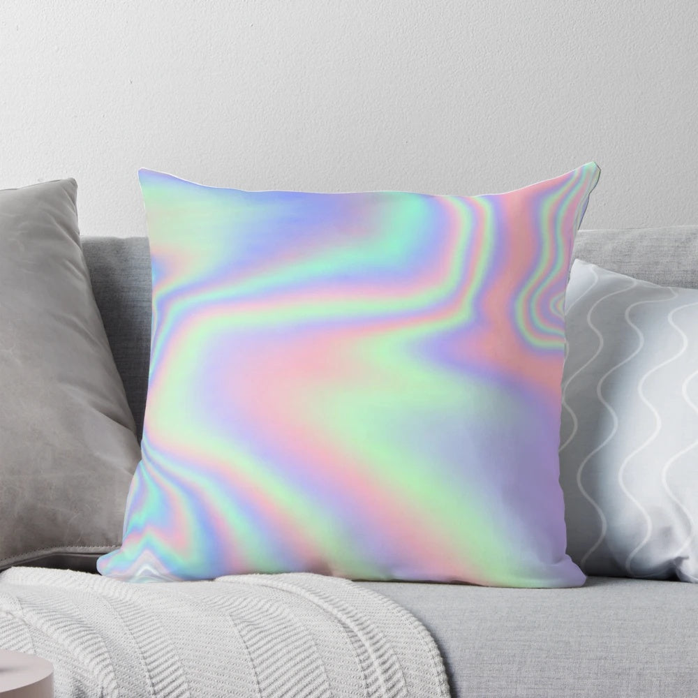 Holographic pattern pillow with vibrant rainbow waves and shimmering light effects