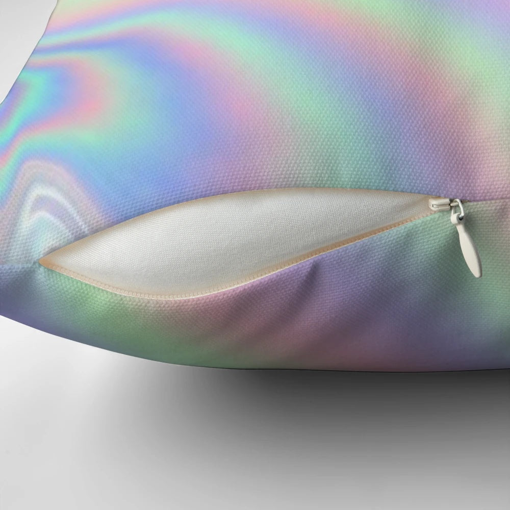 Holographic pattern pillow with vibrant rainbow waves and shimmering light effects