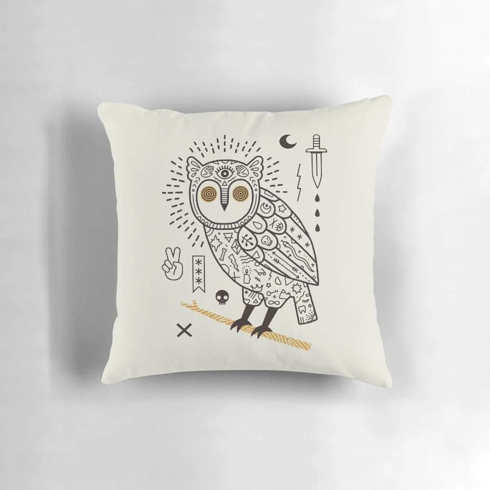 Hypnotic owl throw pillow with tattoo-inspired design, a unique and magical accent piece for your home.