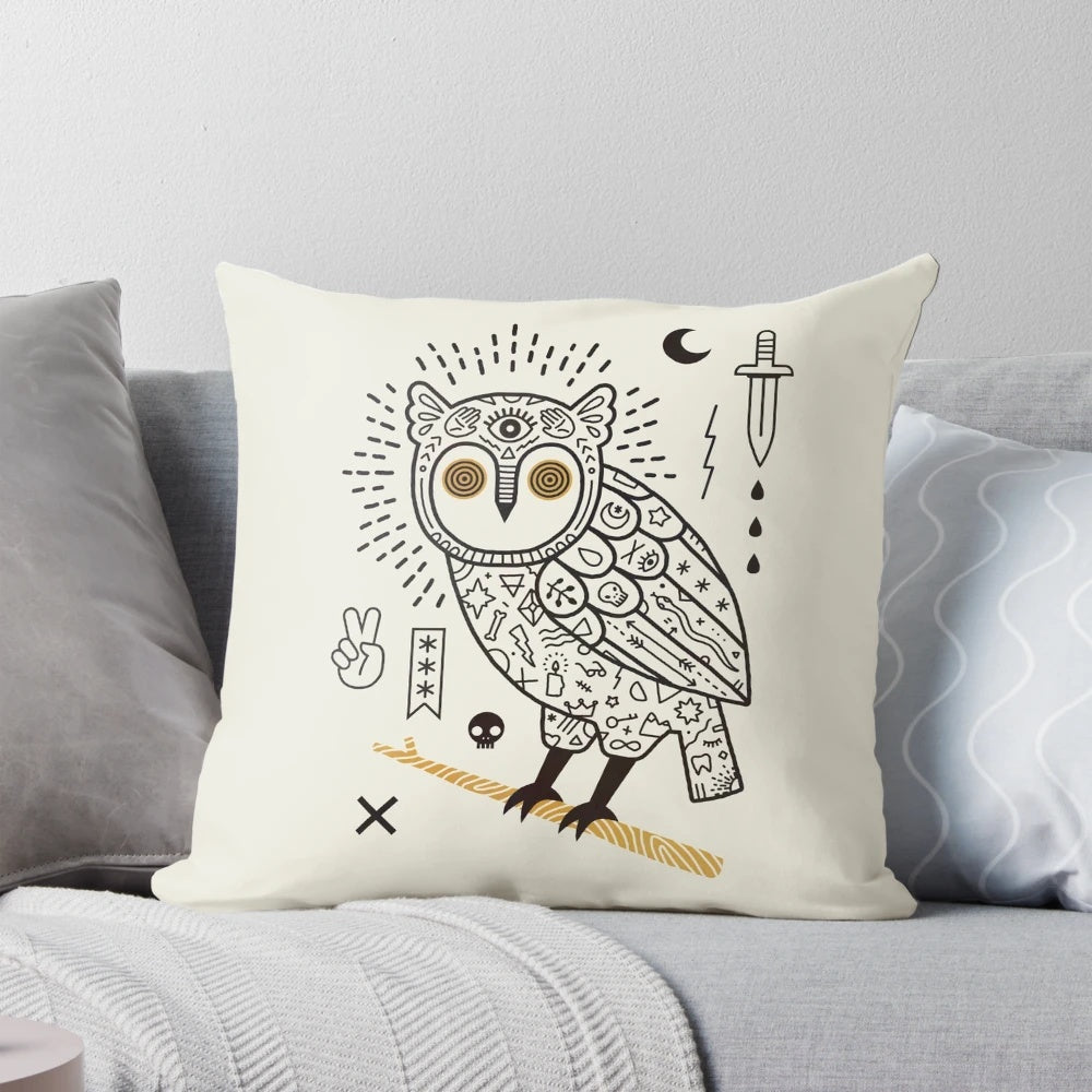 Hypnotic owl throw pillow with tattoo-inspired design, a unique and magical accent piece for your home.